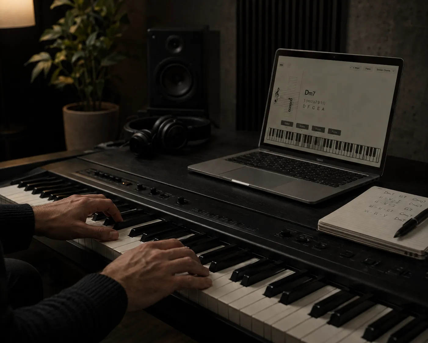 A musician exploring harmony at a MIDI keyboard with an early version of the app nearby