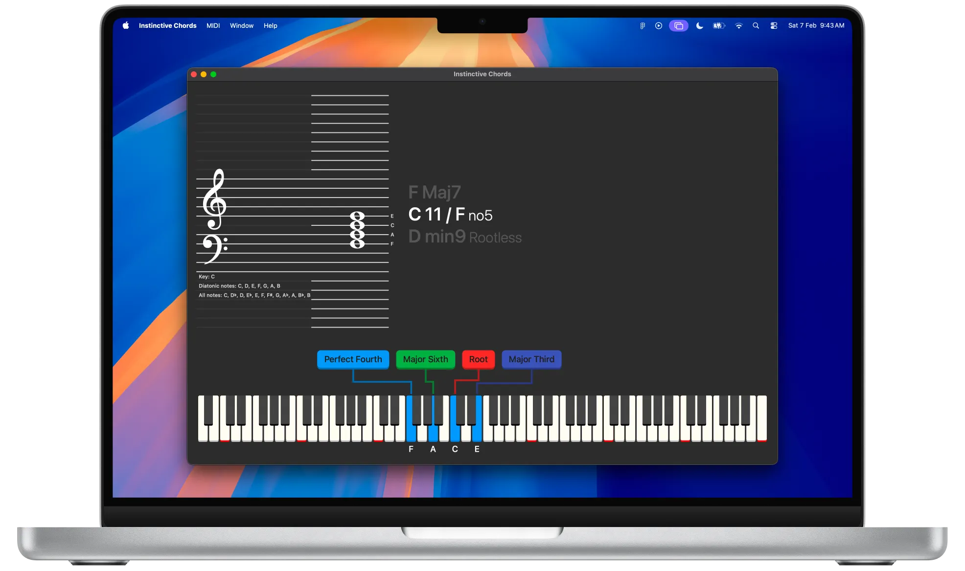 Instinctive Chords displaying a complex voicing, notation, intervals, and an on-screen keyboard on a MacBook