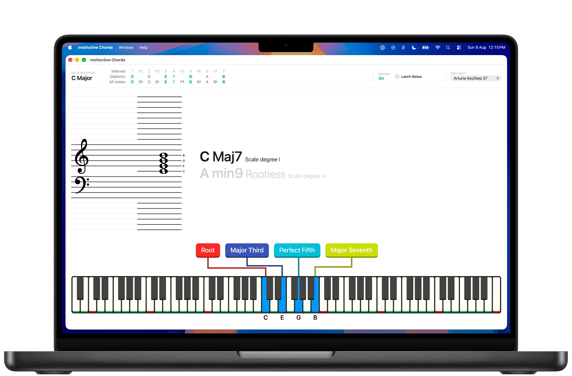 Instinctive Chords displaying a complex voicing, notation, intervals, and an on-screen keyboard on a MacBook