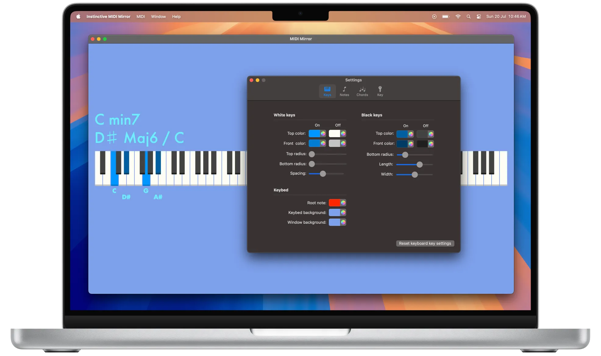 MIDI Mirror on Mac with a customised blue performance view and its visual settings panel