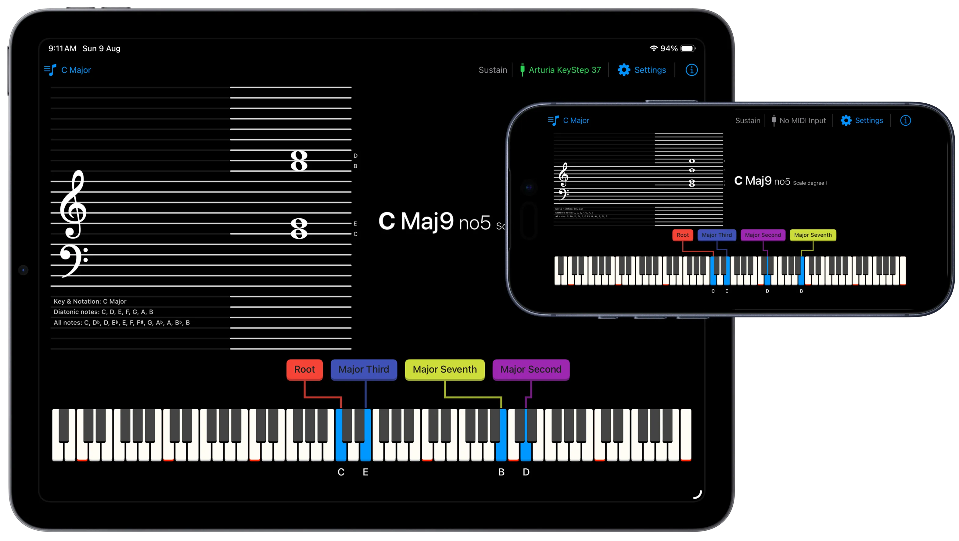 Intervals and Chords displayed in full on both an iPad and an iPhone