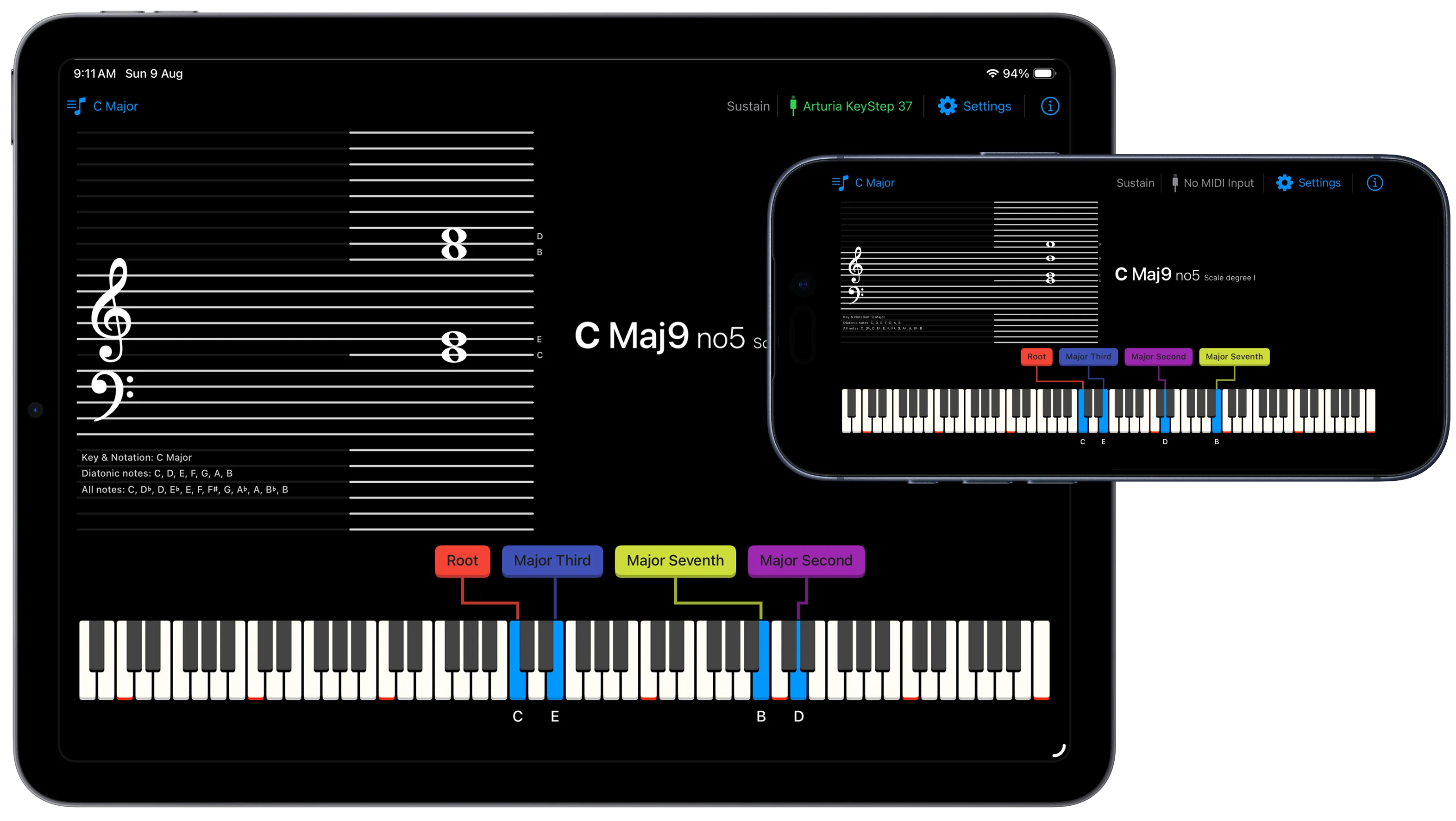 Intervals and Chords displayed in full on both an iPad and an iPhone