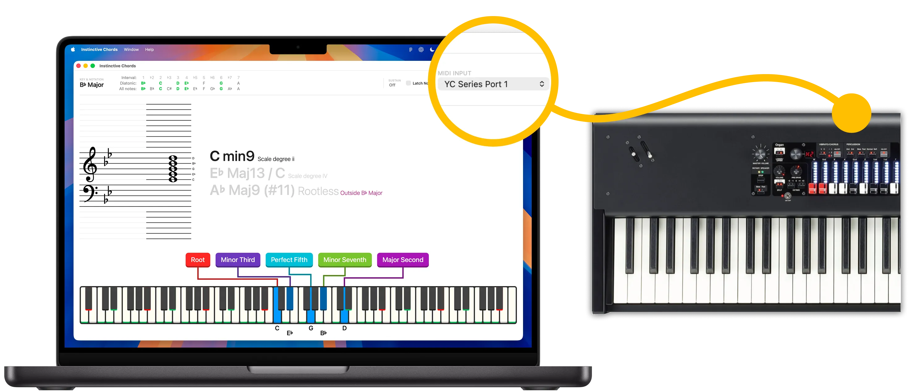 Instinctive Chords on a MacBook connected to a YC Series MIDI keyboard