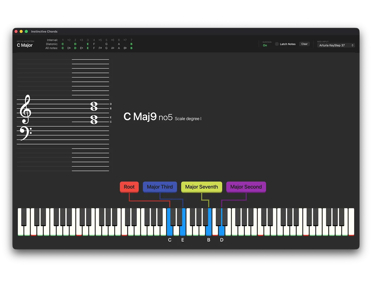 Instinctive Chords for Mac showing musical notation, chord interpretations, interval labels, and the played notes